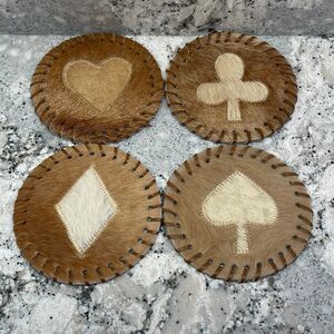 Vintage Handmade Cow Animal Hyde Fur Coaster Set Spade Diamond Heart Clover